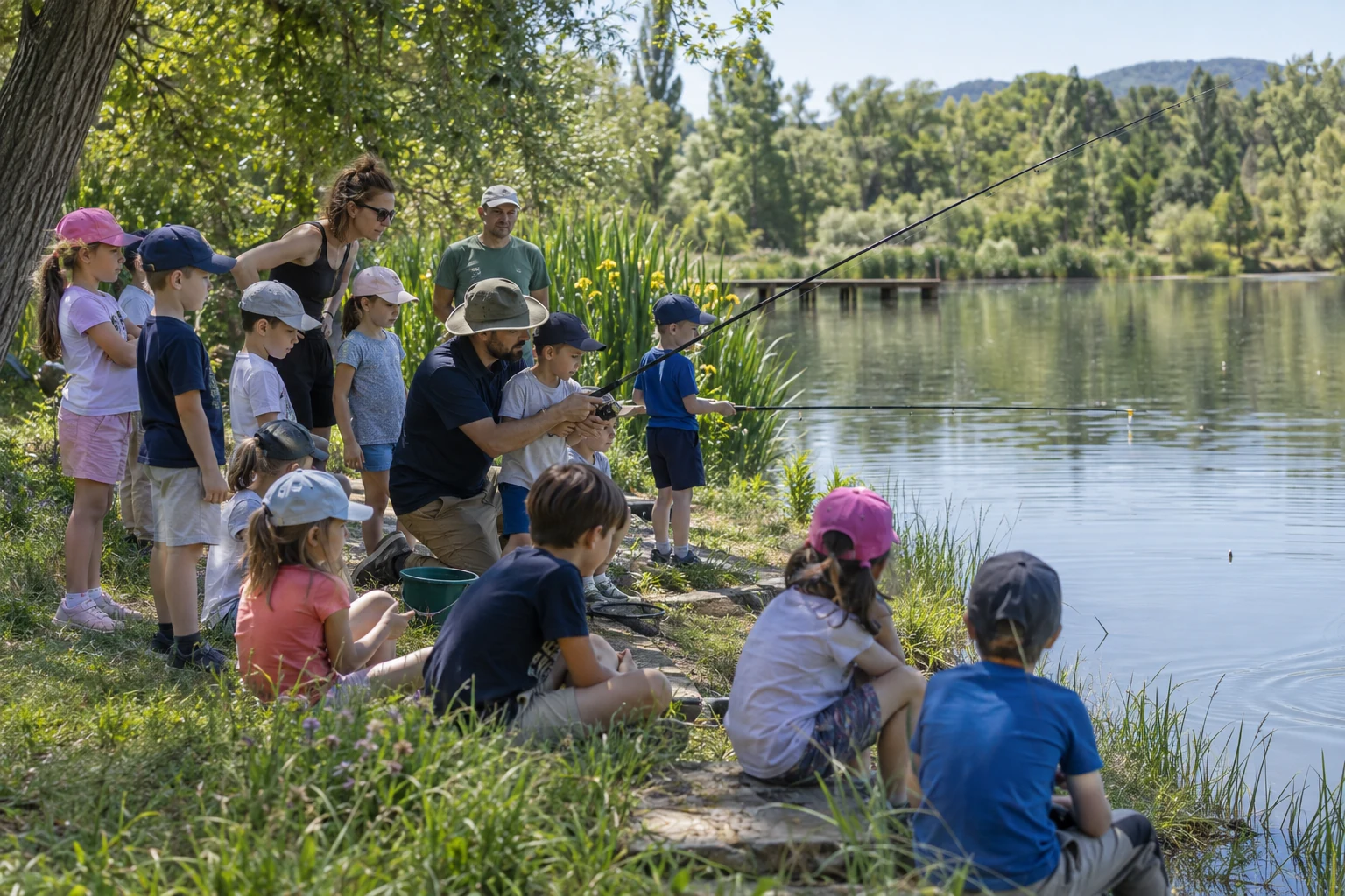 Mondragon
 : les enfants du centre de loisirs découvrent la pêche au lac des Brotteaux